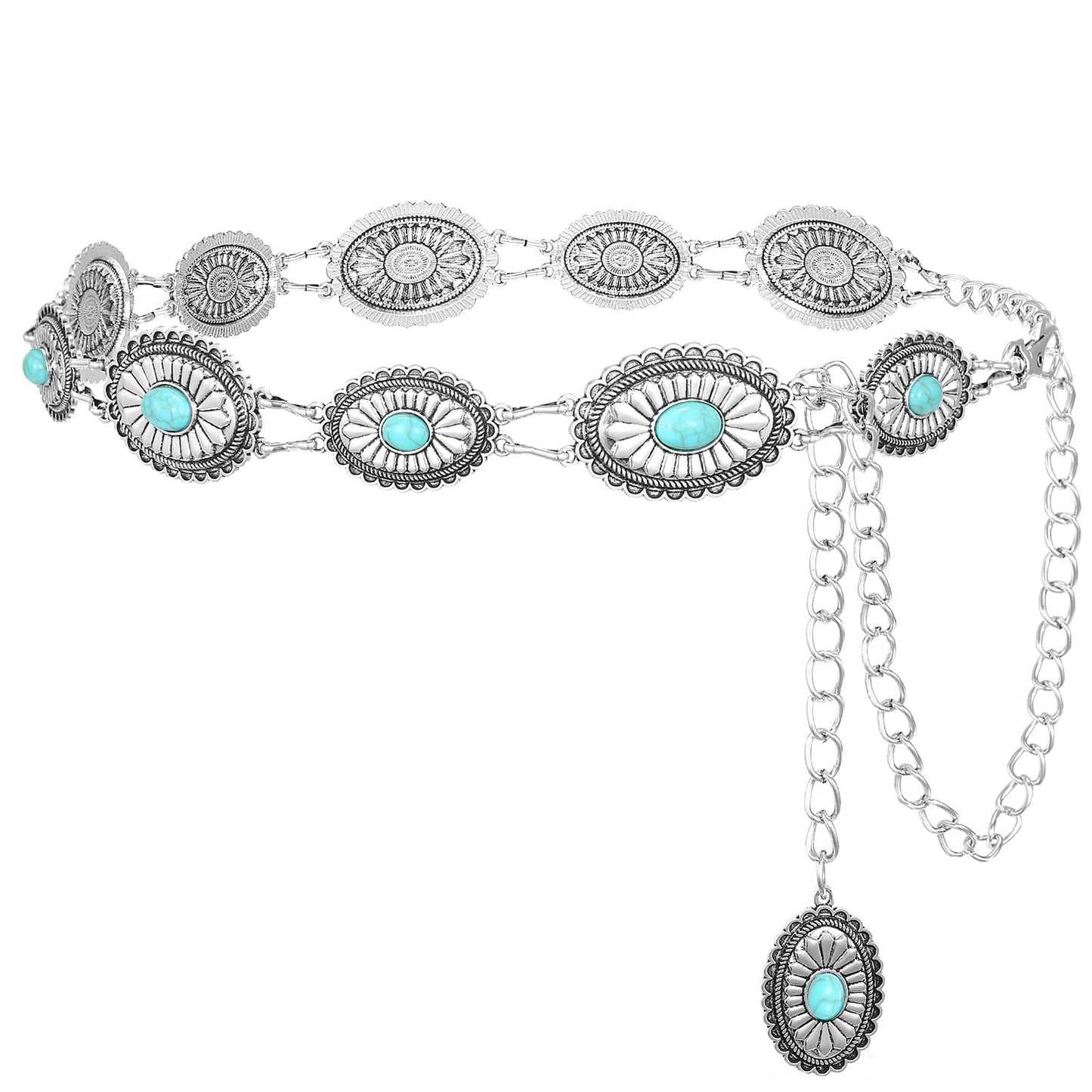 SANSTHS Western Metal Concho Belt for Women, Waist Chain Cowgirl Belt for Dresses Pants Jeans with Silver Chain, green gem S