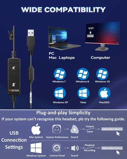Wantek Corded USB Headsets Mono with Noise Cancelling Mic and in-line Controls, UC Business Headset for Skype, SoftPhone, Call Center, Crystal Clear Chat, Super Lightweight, Ultra Comfort (UC600)