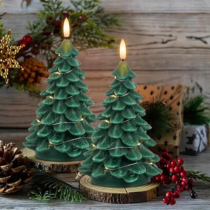 Christmas Tree Shaped LED Candles with Remote Timer, 2 Pcs Flameless Pillar Candles with Embedded String Lights, Battery Operated Flickering Green Candles for Christmas Home Décor