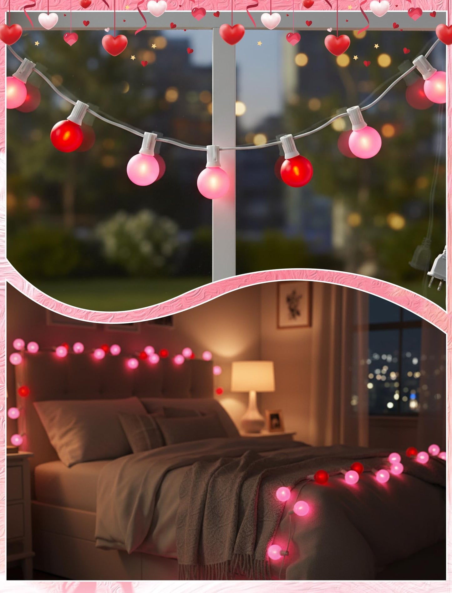 G40 LED Valentine’s Day String Lights, 25Ft Valentines Decorations Lights Outdoor with Frosted Red Pink Round Bulbs, Hanging Patio Lights Shatterproof for 4th of July Independence Day Patriotic Party