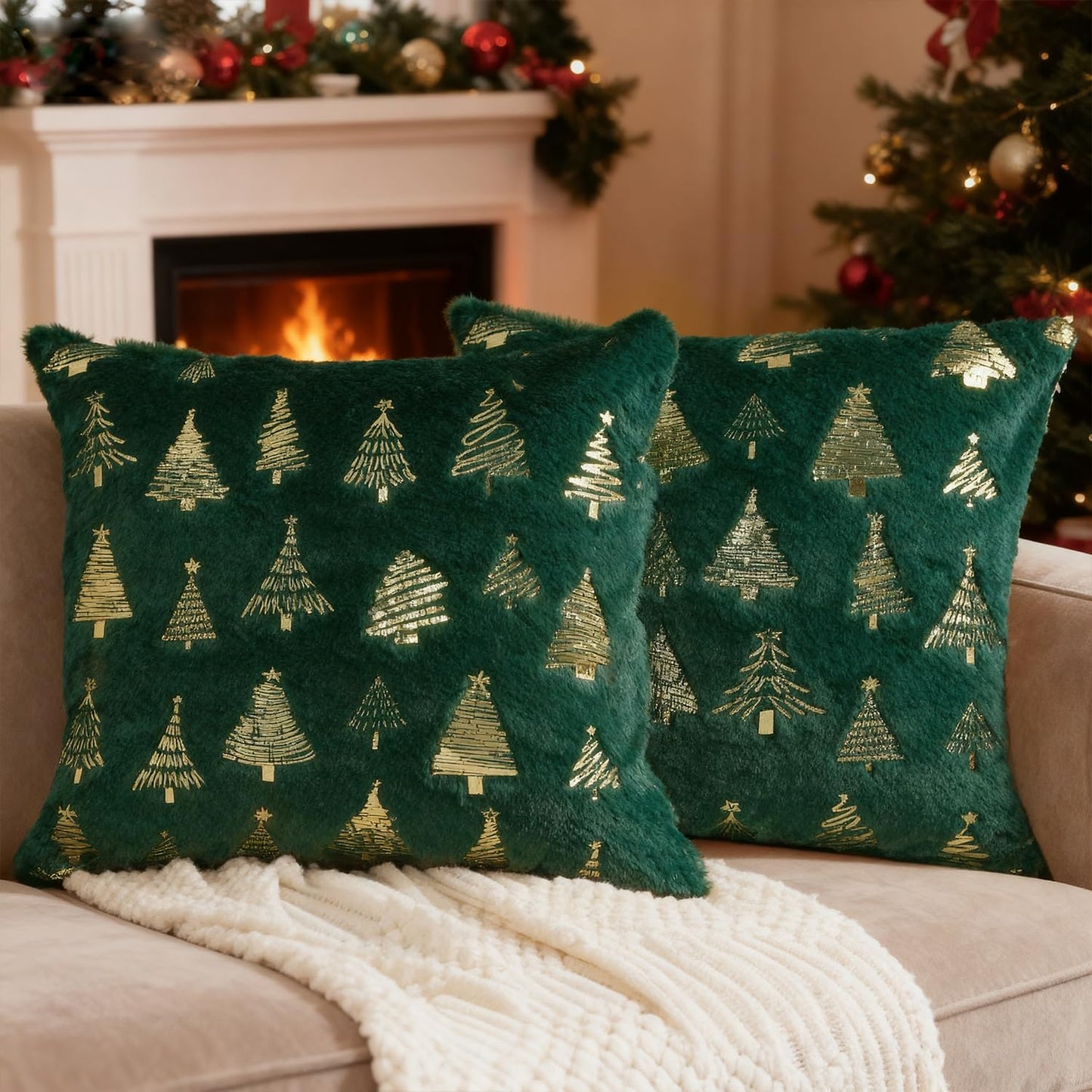 Artmag Christmas Tree Throw Pillow Covers 20x20 inch Set of 2, Decorative Golden Tree Pillow Covers Cushion Case Holiday Decoration for Home Couch Sofa
