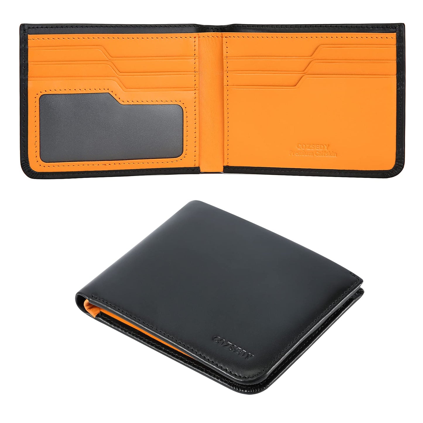 COZSEDY Calfskin Slim Wallets For Men RFID Blocking Leather Minimalist Front Pocket Mens Bifold Wallet Easy Access Ladder Card Slots (Black)