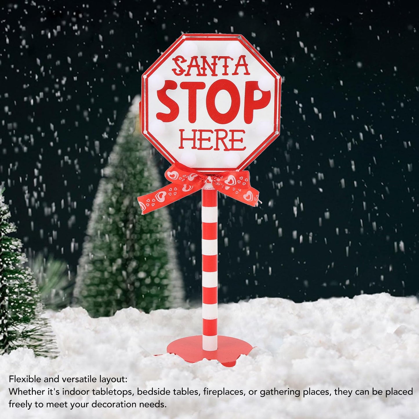 NOENNULL Light Up Santa Stop Here Sign, Santa Stop Here Pole Sign with LED Warm Light Wooden Xmas Desktop Battery Operated Xmas LED for Indoor Holiday Party Fireplace Decoration