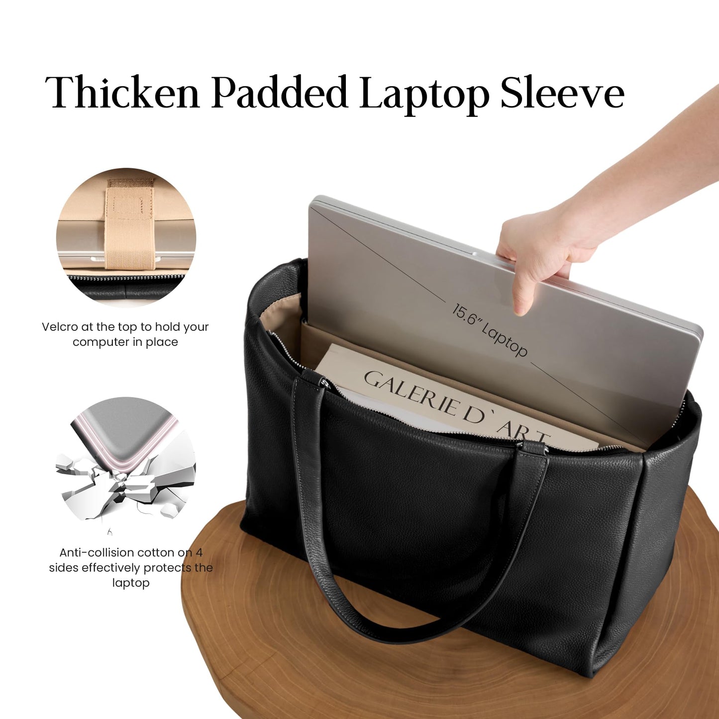 befen Black Genuine Leather Work Tote Bag for Women, Womens Totes Shoulder Purses Satchel Handbags with 15.6" Compartment & Water Cup Holder