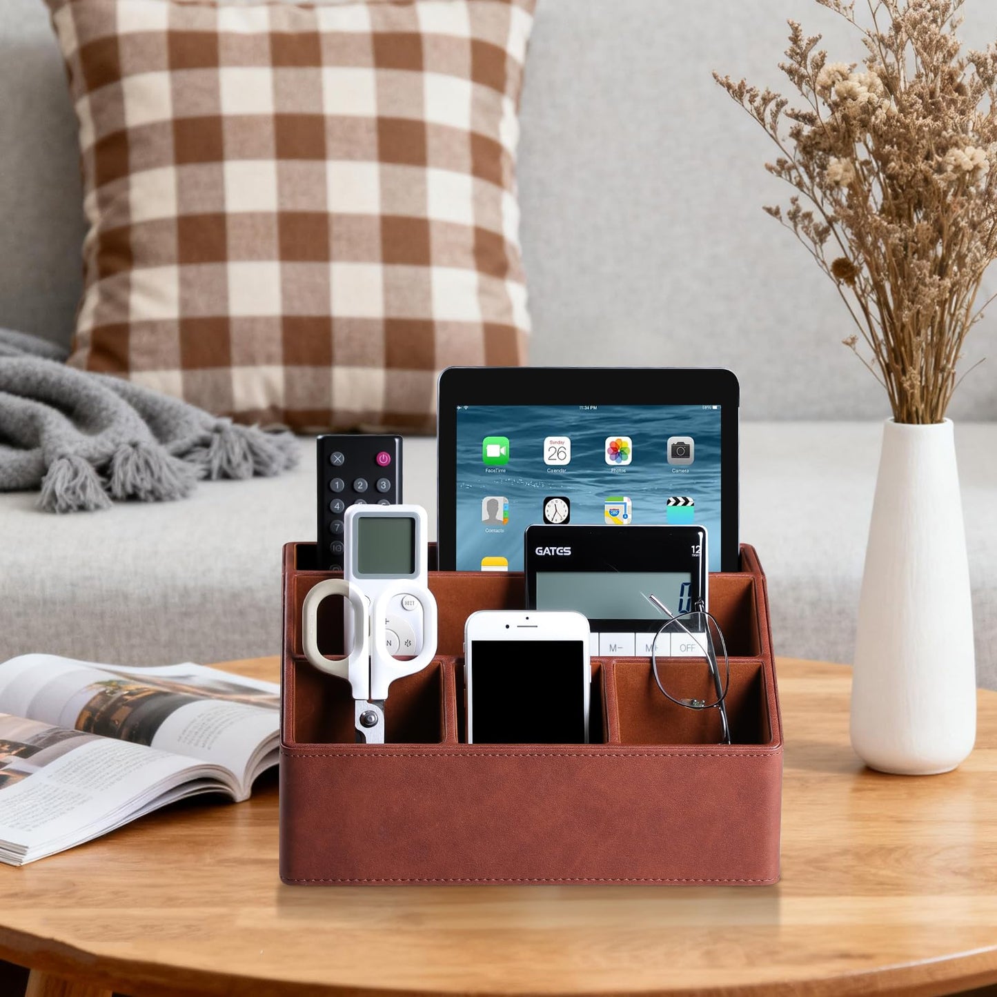 Cretkhp Desk Organizer Caddy with 5 Compartments for Office Art Supplies, PU Leather Nightstand Organizer Pencil Pen Desk Caddy for Home, Desktop TV Remote Control Holder Storage (Brown)