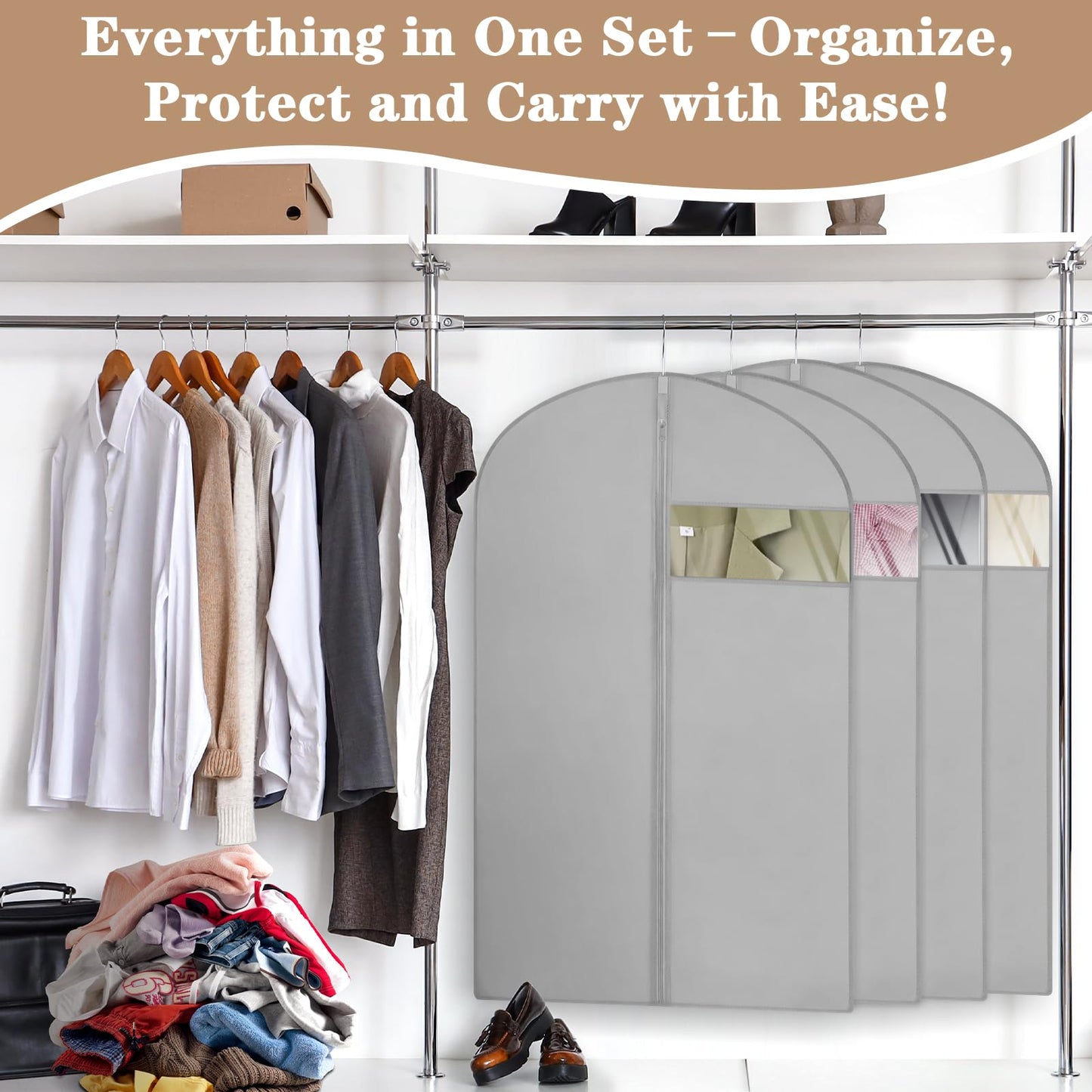 20 Pack Garment Bags for Hanging Clothes,Suit Bags For Closet Storage and Travel with Clear Window 40-inch Suit Garment Bag for Men Women Skirt Shirt Coat,Gray