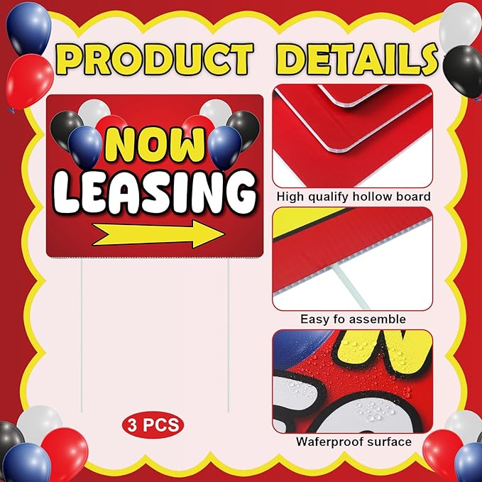 Ripeng 3 Pcs Leasing Double Sided Yard Signs with Arrow 16 x 12 Inch Yard Signs with Stakes for Outdoor Office Retail Store Restaurant Bar Hotel (Now Leasing)