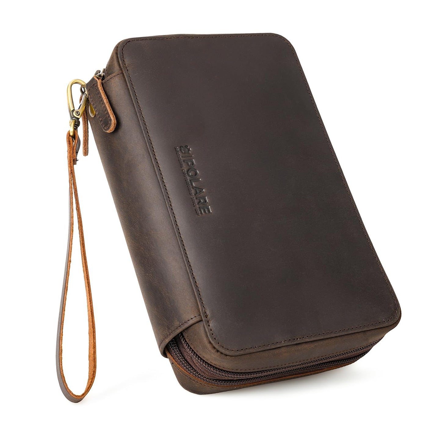 Polare Full Grain Leather Cable Organizer Travel Case Double Layers Electronics Accessories Carry Bag with YKK Zippers All-in-One Tech Storage Pouch for Cords, Power Bank, USB, Charger