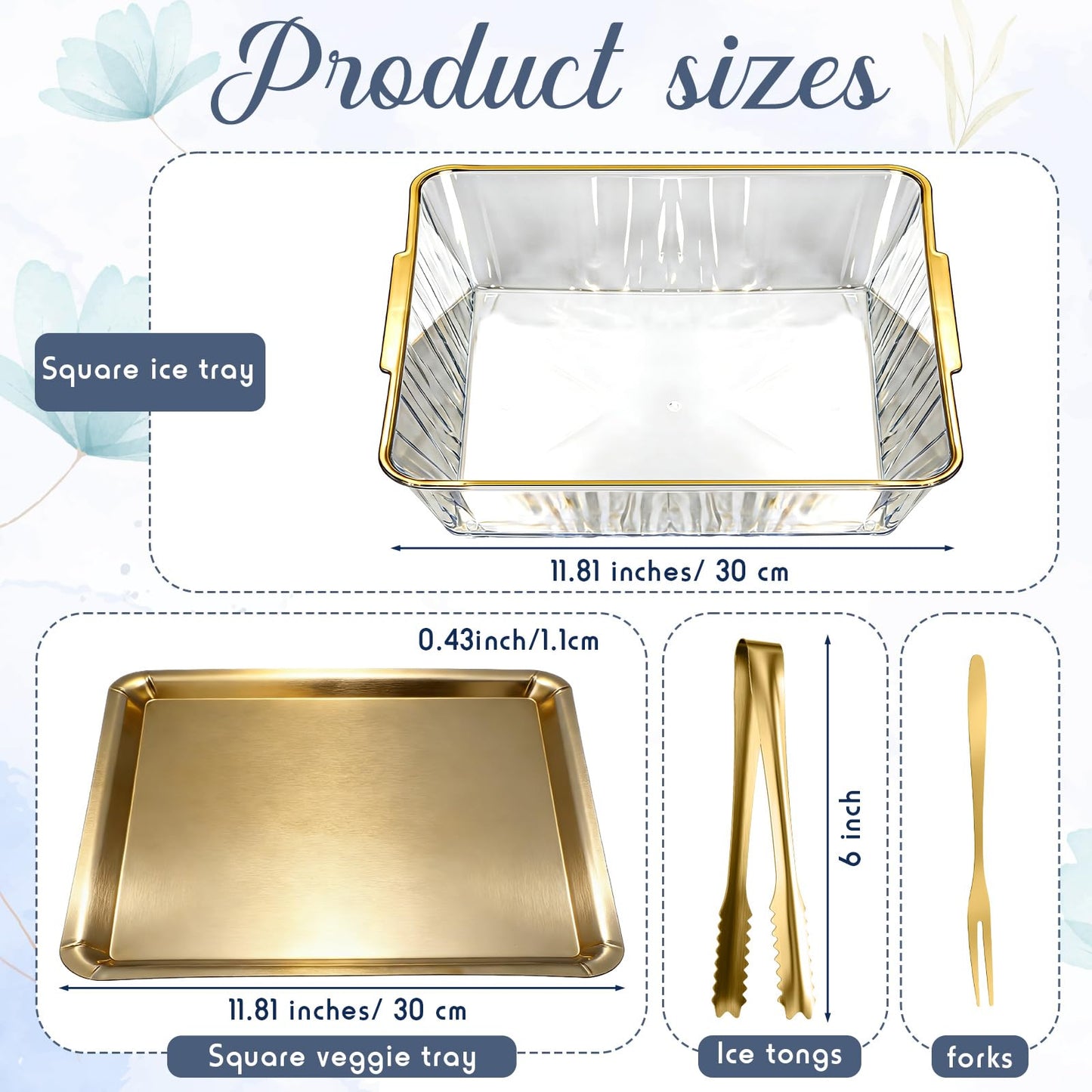 Baderke 2 Set Chilled Serving Tray for Christmas Parties Ice Chilled Party Platter Charcuterie Serving Board Cold Dish Dip with Forks Tongs for Fruit Seafood Vegetable Appetizer (11.81",Gold)