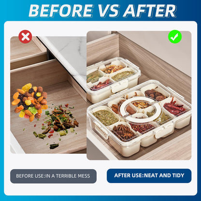 Pure Future Air-Tight Snackle Box Container –Divided Serving Tray with Lid & Handle–Clear Snack box for Fruits, Candy & Nuts–Portable for Travel & Daily Use (8 Inside Containers Dishwasher Safe)