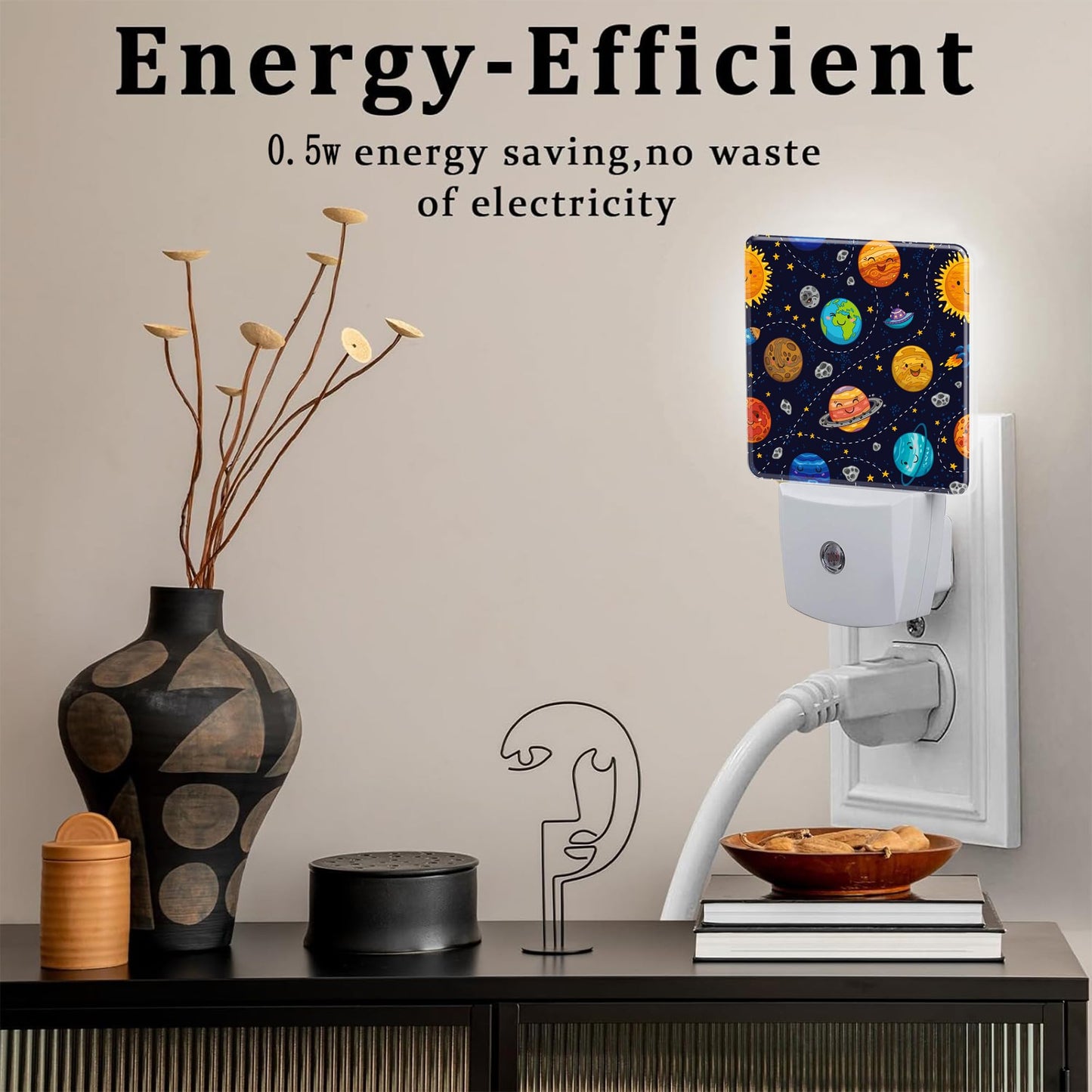 Cartoon Solar System Planets Night Light Plug into Wall,Space Stars Planets Dusk to Dawn Night Light Plug in,0.5w Energy Saving Sleep Friendly NightLight for Kids Boys Girls Home Decor
