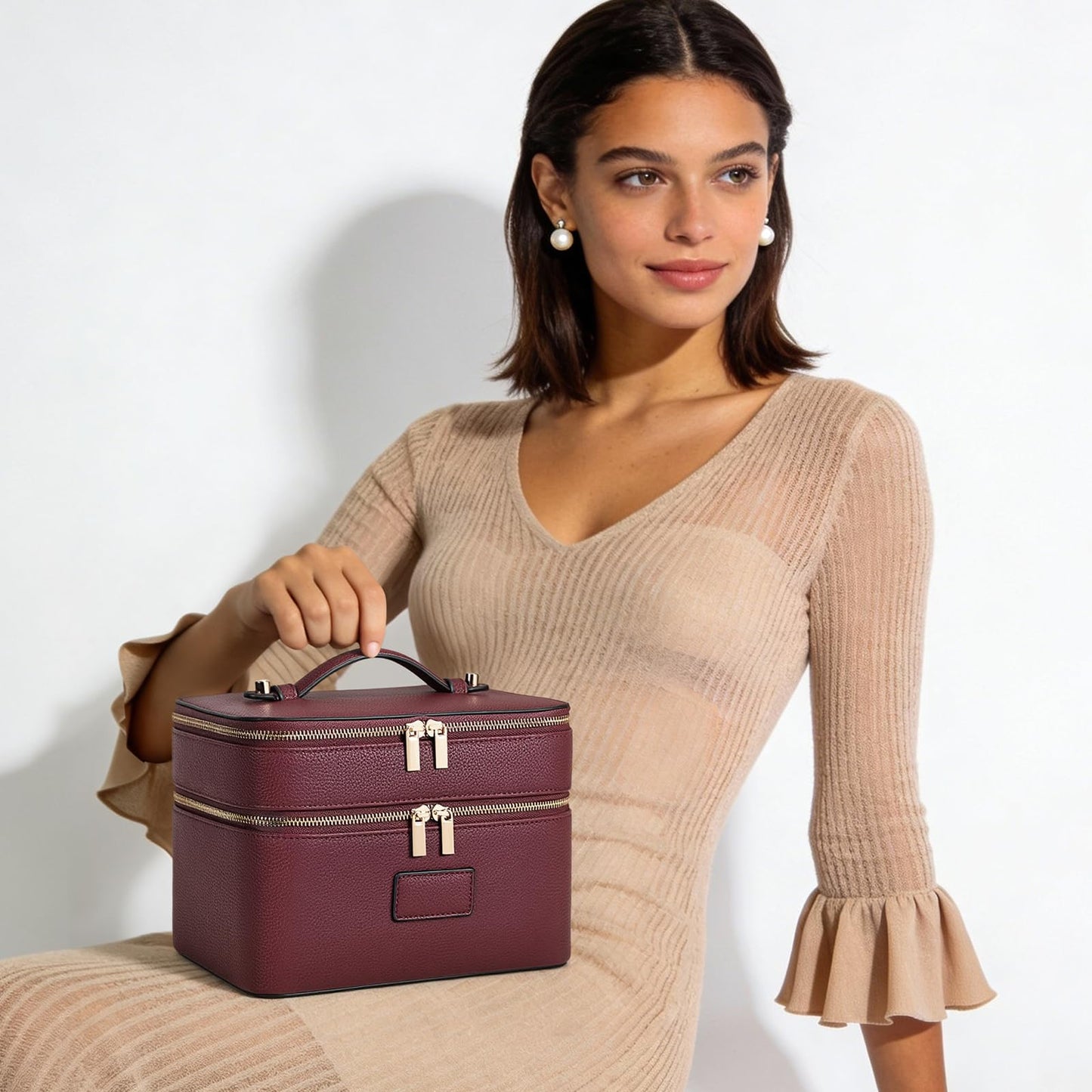 HiTotes Large Makeup Bag Duo Vanity Case for Women Leather Makeup Case Travel Toiletry Bag Portable Double Layer Cosmetic Bag