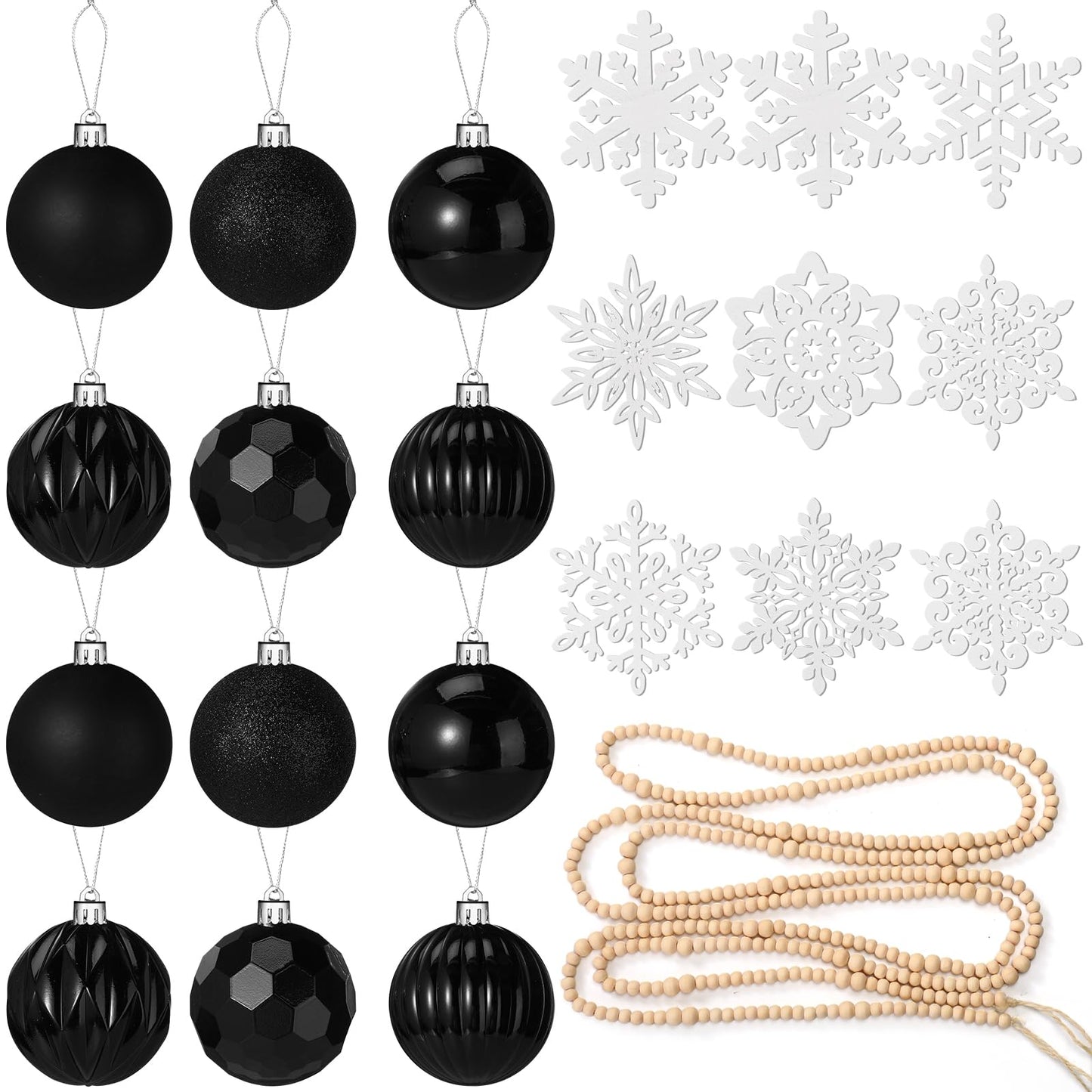 Aoriher 45 Pcs Christmas Tree Ornament Set,34pcs Christmas Ball Ornaments with Xmas Wooden Bead Garland Snowflake Ornaments for Xmas Tree Holiday Wedding Party Wreath Home Decoration(Black)