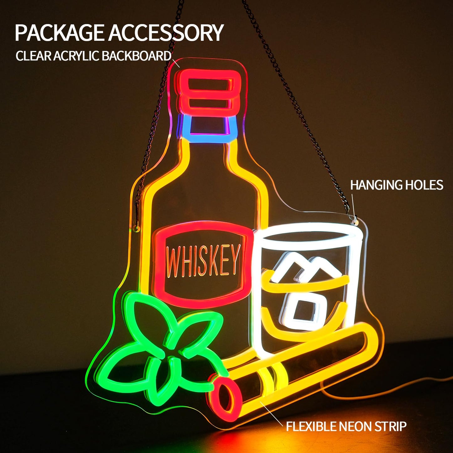 Runalosa Whiskey Neon Sign for Business Dimmable Bistro Bar Neon Light Sign for Wall Decor Alcohol Drinks Led Signs for Restaurant Home Bar Beer Pub Party Man Cave Decor Gift for Men 12.6" x 13.7"