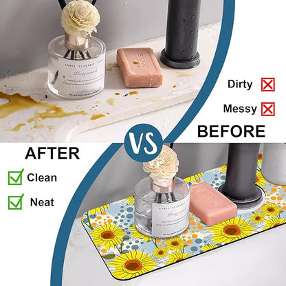Watercolor Sunflowers Sink Faucet Absorbing Mat Sunflowers Polka Dots Super