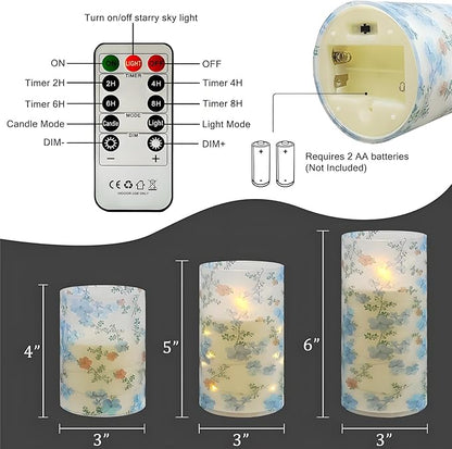 Printed Flameless Candles with String Lights - Set of 3 Battery Operated Candle Flickering Floral LED Pillar Candles with Timer Remote for Home Decor Romantic Ambiance,LT