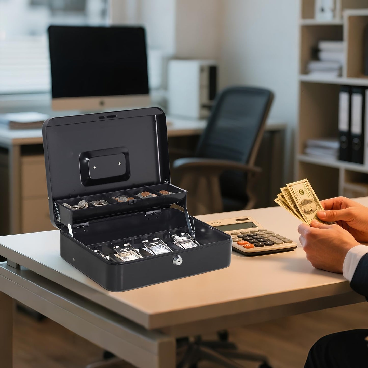 Jssmst Large Cash Box with Money Tray and Lock - Safe Box for Cash Saving Key Lock Money Organizer Box, 11.8L x 9.5W x 3.5H Inches, Black, SM-CB0501L, XLarge
