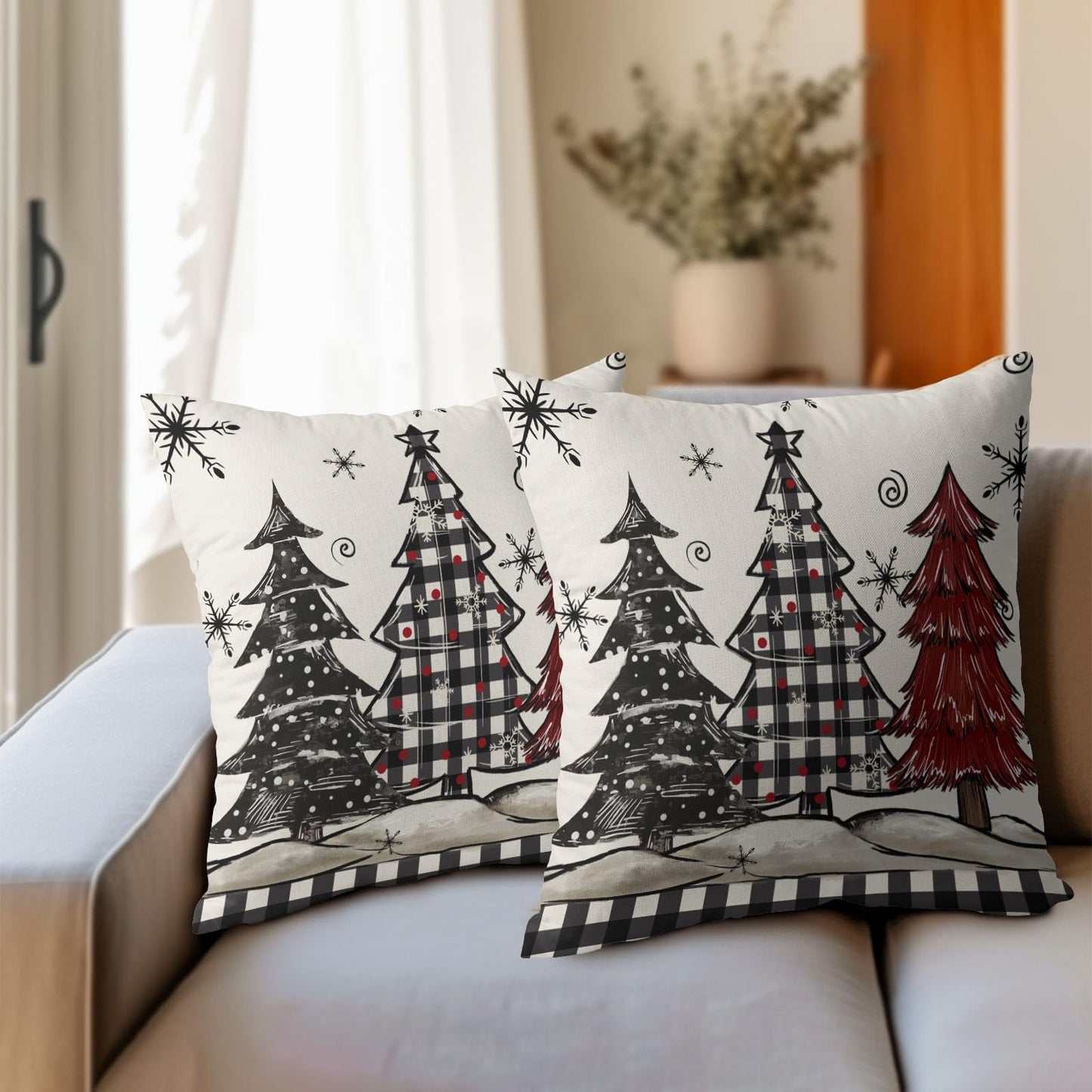 Ancordivo Christmas Pillow Covers 18x18 Inch Set of 2 Xmas Theme Black and Red Tree Snowflake Outdoor Throw Pillows Winter Holiday Buffalo Plaid Pillowcases for Couch Sofa Bed Home Decor