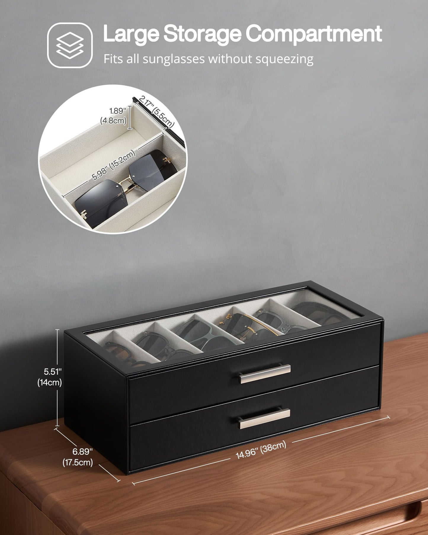 ProCase 12 Slots Sunglasses Organizer, 2-Layer Eyeglass Holder with Clear Glass Lid, PU Leather Glasses Storage Display Case for Men Women -Black