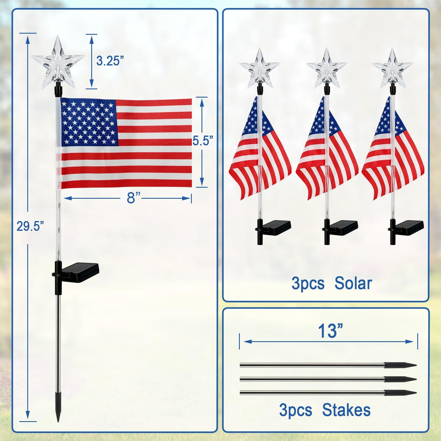 4th of July Decorations Outdoor,3 Pack American Flag for Outside Garden Stakes,Patriotic Solar Lights Outdoor Pathway,Yard,Lawn,National Day