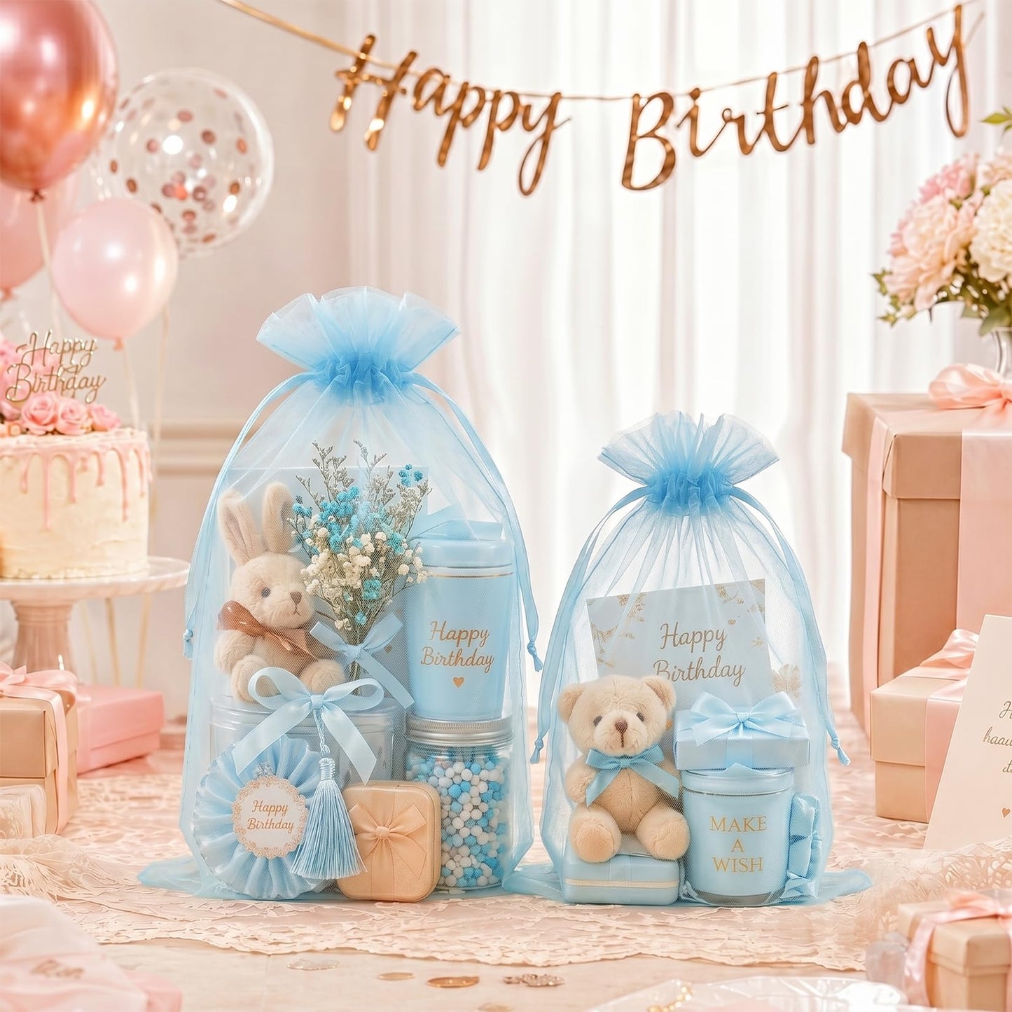 FUNFERY 100 PCS Organza Bags 6x9 in, Baby Blue Mesh Gift Bags with Drawstring, Bulk Clear Gift Bag for Wedding Party Favors Treats, Large Mesh Goodies Bag for Baby Shower, Drawstring Pouch for Jewelry