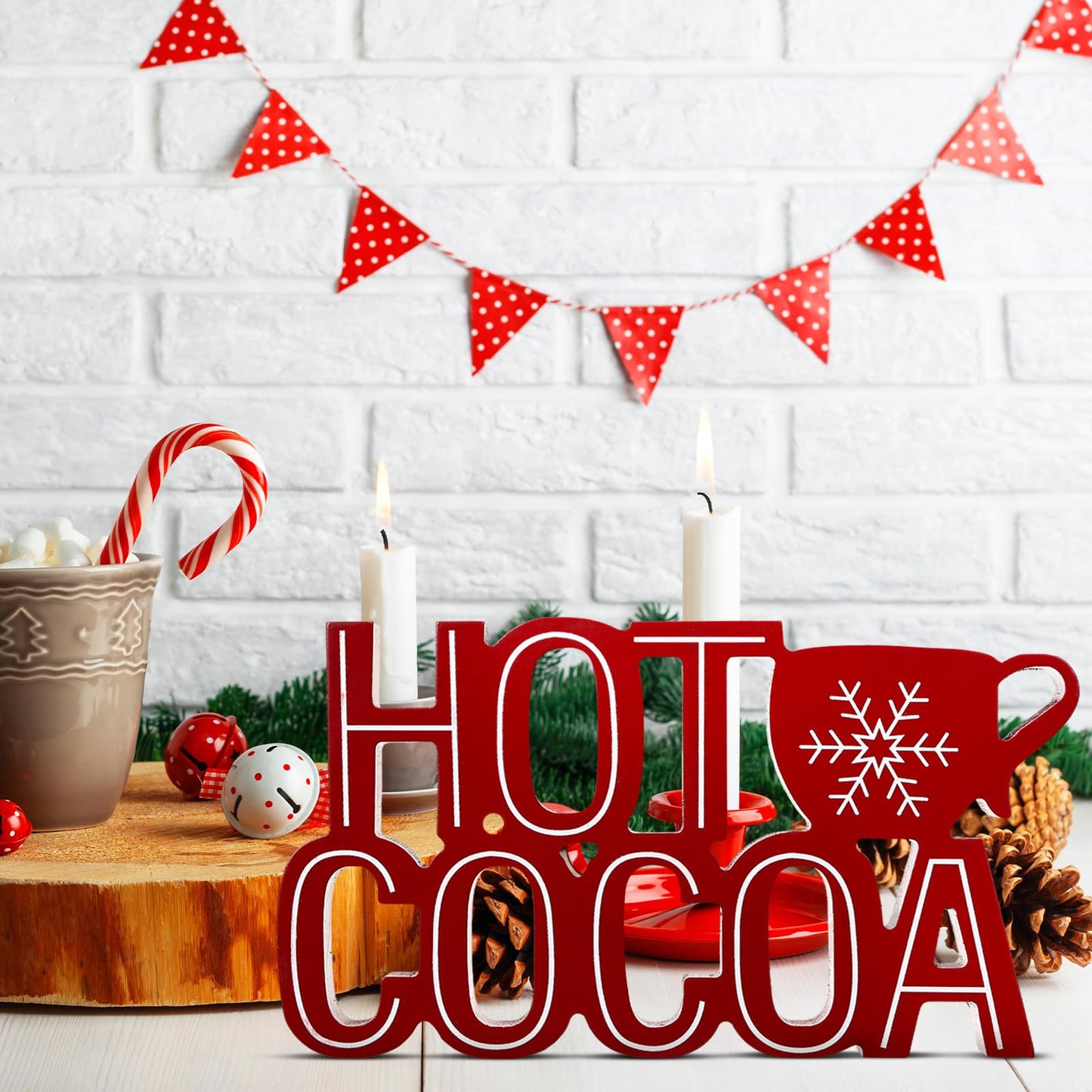 Roowest Christmas Hot Cocoa Bar Sign, Hot Cocoa with Mug Words Wood Tabletop Decoration Coffee Bar Wooden Block Sign for Table Shelf Home Kitchen Coffee Shop