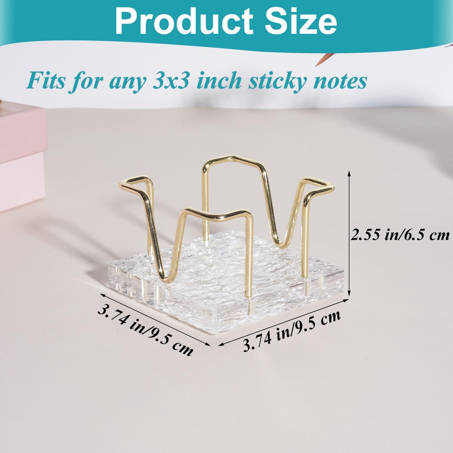 Acrylic Sticky Note Holder, 3 x 3 inch Self-Stick Note Memo Pad Holder for Desk, Notepad Dispenser Organizer for School Office Home, Gold