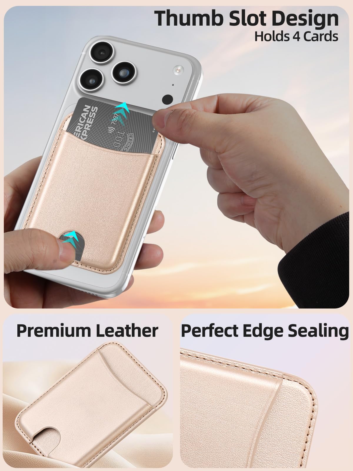 Miroddi for Magsafe Wallet, Magnetic Card Holder for iPhone 17/16/15/14/13/12 Series, Leather Magnet Phone Wallet Fit 4 Cards 3 Cash, Ultra-Thin, RFID Blocking, Gold