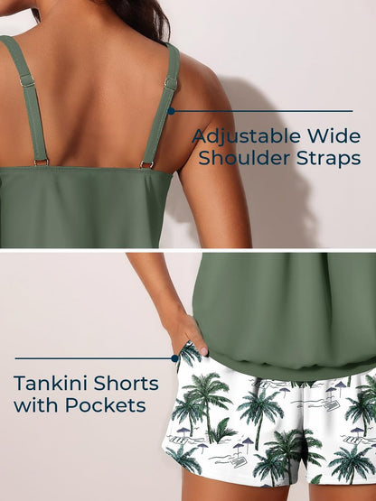 Summer Mae Blouson Womens Tankini Swimsuits 2026 Modest Tummy Control Bathing Suits Swim Shorts with Pockets for Beach Green Shadow Size 10