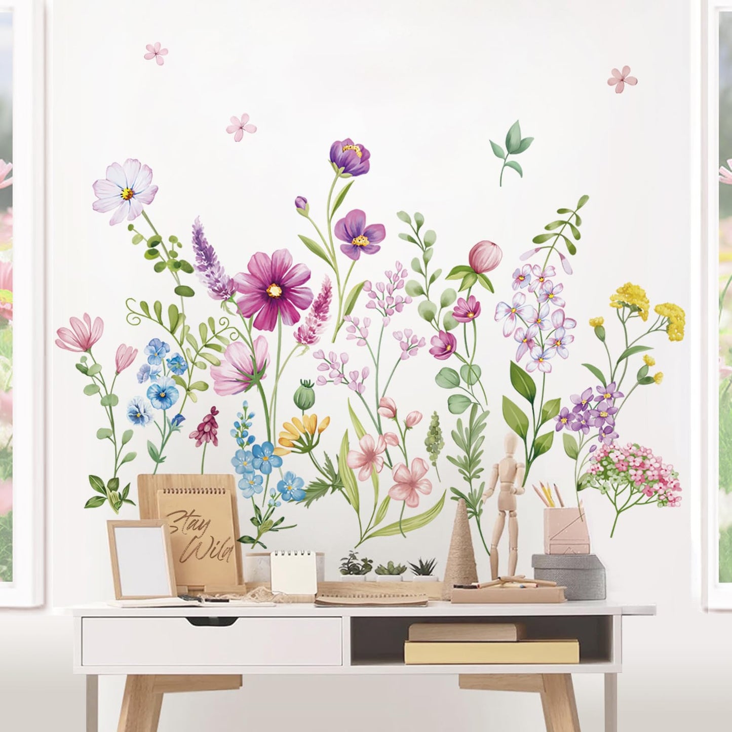 wondever Purple Wildflower Wall Stickers Garden Flower Daisy Floral Botanical Wall Art Decals for Bedroom Living Room Sofa