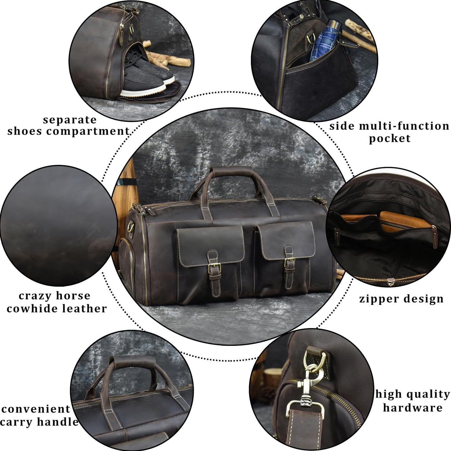 Leather Garment Bag for Men, Convertible Carry on Garment Duffel Bag for Travel Weekender Bag 2 in 1 Hanging Suitcase Suit Bag