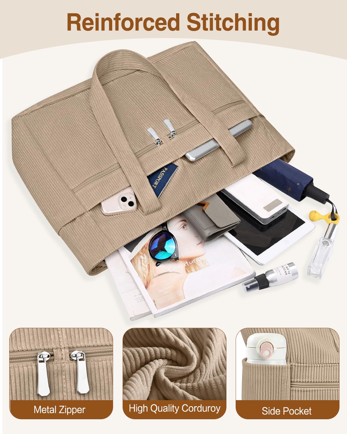 ZENTREON Laptop Tote Bags for Women Large Corduroy Tote Work Bags Lightweight Teacher Nurse Bible Bag for Work School Travel | with 12 Pockets, Zipper Handbag Bag, College Shoulder Bags