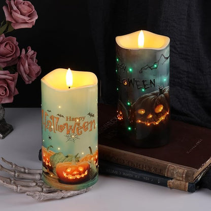 Eywamage Fiber Optic Halloween Flameless Candles, Spooky Pumpkin LED Pillar Candles with Remote, Battery Operated, Set of 2