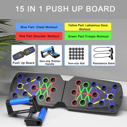Push Up Board for Men - 15-in-1 Foldable Pushup Board with Push Up Bar, Handles & Bands, Portable Home Gym & Workout Equipment for Chest Exercise, for Teen Boys 16-18 & Gym Lovers