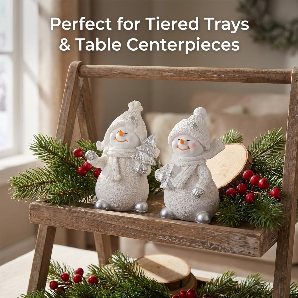 Brizoria Snowman Figurines Set of 2 White Resin Christmas Decorations with Silver Accents Winter Mantel Decor and Holiday Centerpieces for Table Home Indoor Tiered Tray Room Display