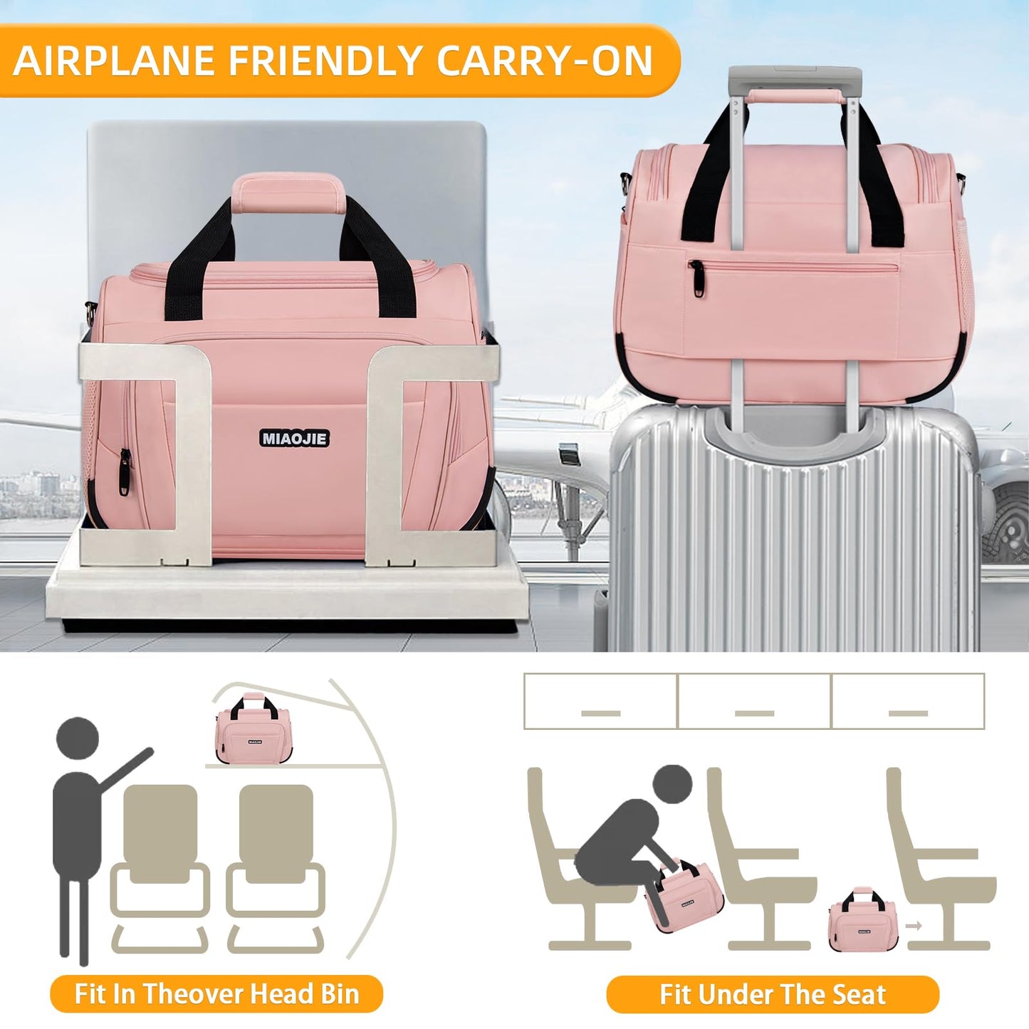 Underseat Carry On Luggage - Lightweight Travel Tote Weekender Bag Overnight Duffle for Travel, Personal Item - Pink-16Inch