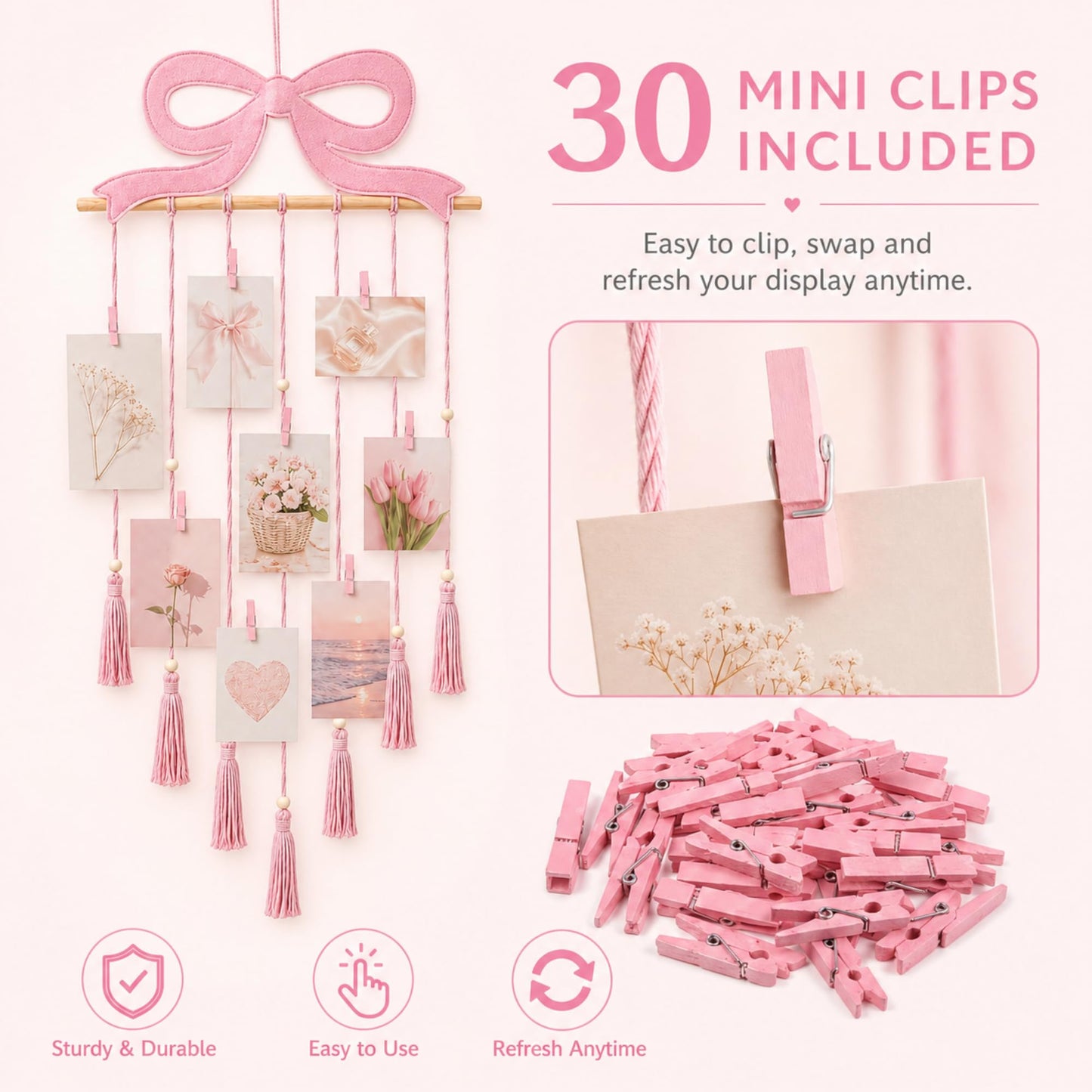 Fiwochic Pink Bow Hanging Photo Display Pink Bow Wall Decor Macrame Wall Hanging Coquette Picture Holder with 30 Clips for Teenage Girl Gift Room Decor Bedroom Graduation Wedding Coquette Party