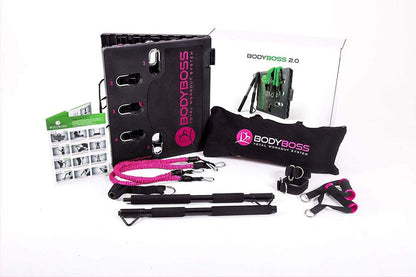BodyBoss Home Gym 2.0 - Full Portable Gym Home Workout Package, Includes a Set of Resistance Bands (2) - Collapsible Resistance Bar, Handles + More- Full Body Workouts for Home, Travel or Outside