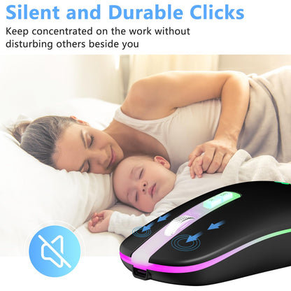 KARFUN Wireless Mouse, Backlit LED Portable Slim Computer Mouse for Laptop, PC, Computer, MacBook, iPad, Chromebook, Notebook, 2.4G Rechargeable Wireless Mouse (Black) (Black-Transparent Nose)
