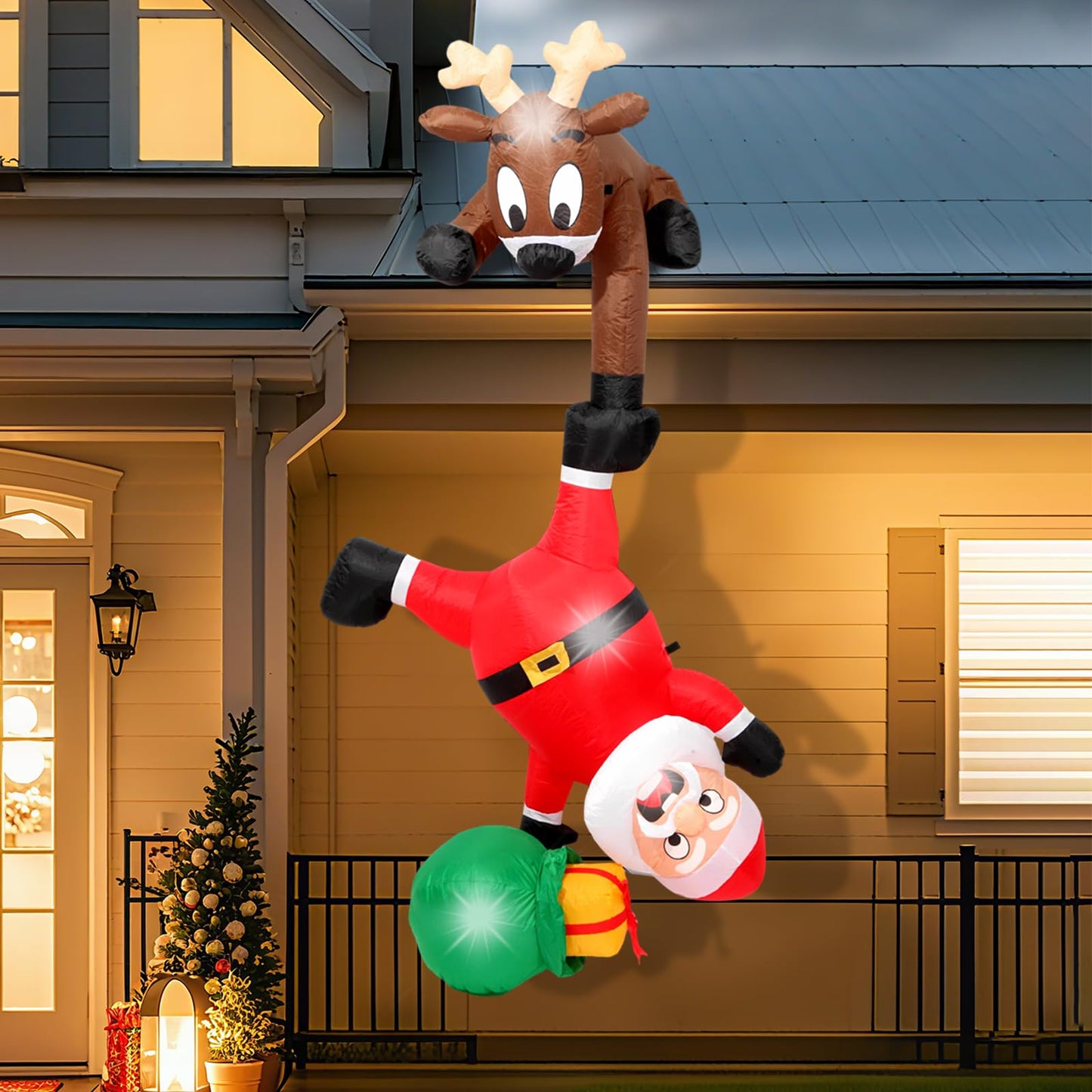 8FT Hanging Christmas Inflatables Decorations Outdoor，Blow Up Christmas Reindeer and Climbing Santa Claus with Built-in LEDs Lights for Indoor Holiday Party Yard Garden Lawn Décor