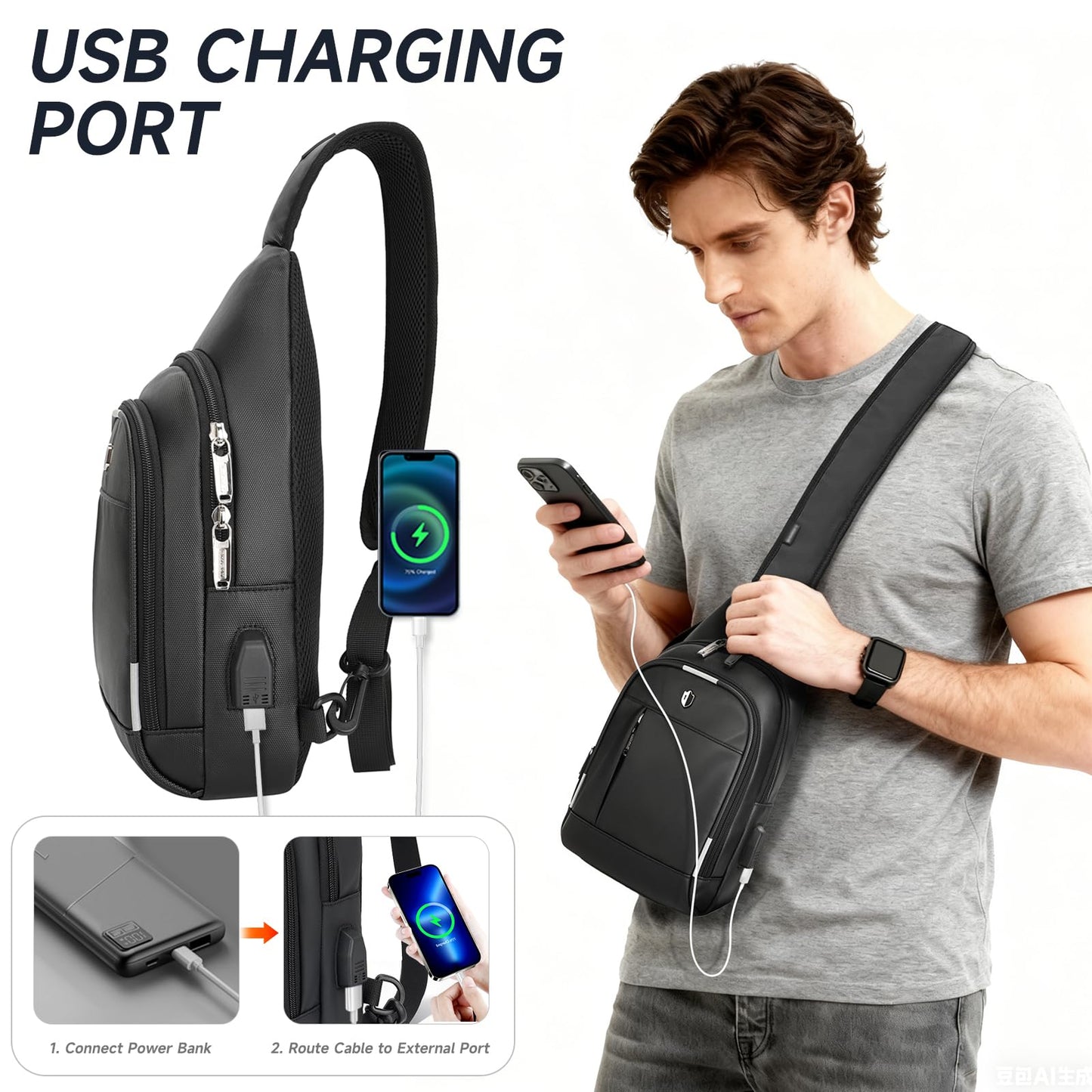 Crossbody Bag for Men, Sling Bag with USB Charging Port & Reflective Strips, Water-Resistant Shoulder Bag Fits Switch 2, Small Backpack Daypack for Travel, Hiking, Gym, Running, Daily Commute