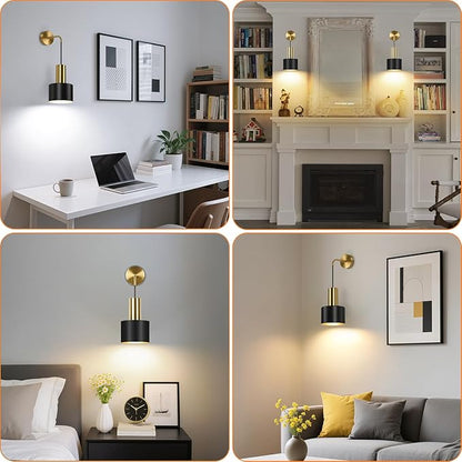 VerRon Rechargeable Battery Operated Wall Sconce Set of Two, Black & Gold Wireless Battery Powered Lights with Dimmable Detachable Bulbs & Remote, Modern Sconces Wall Decor for Bedroom Living Room