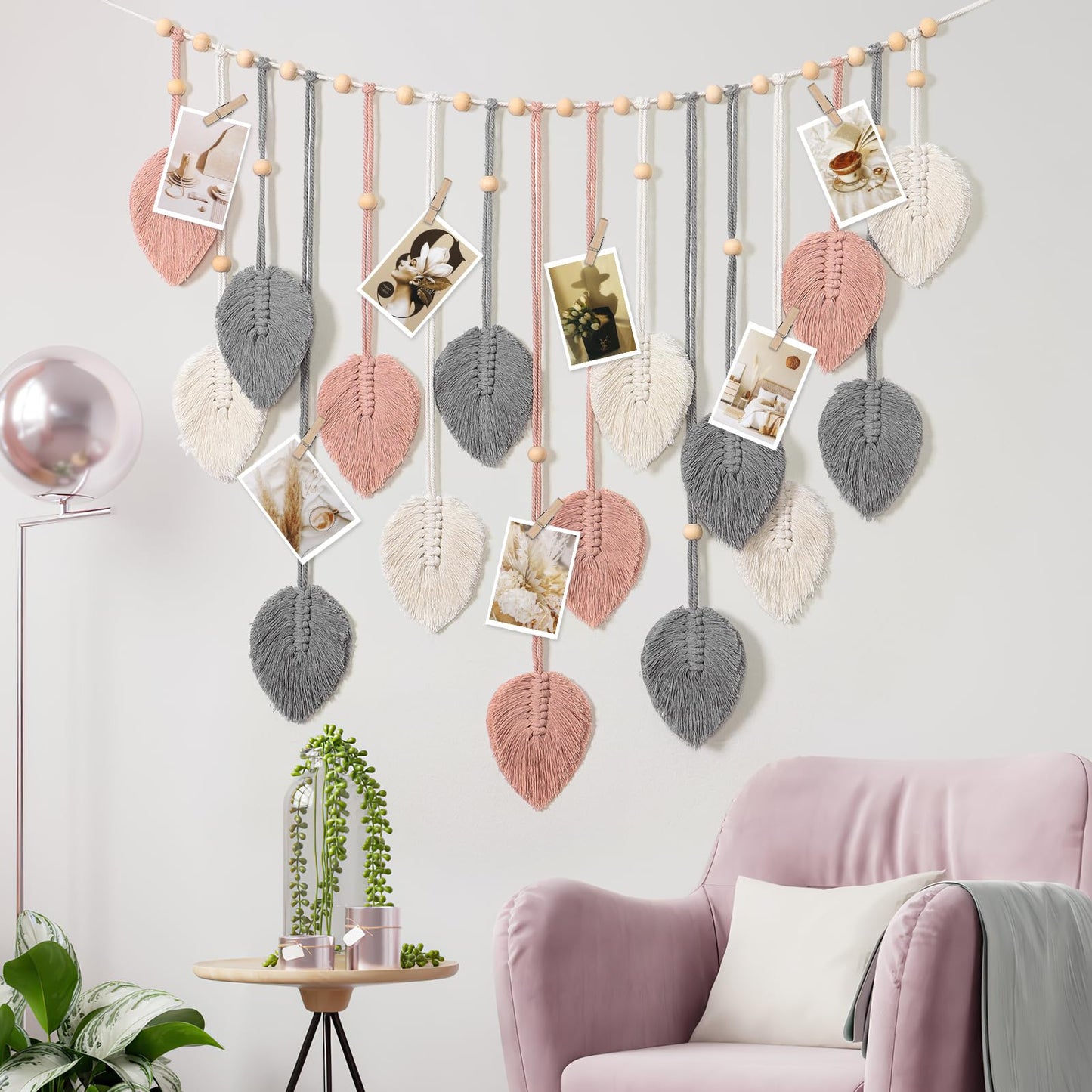 Betylifoy Macrame Wall Hanging Boho Leaves Tapestry Chic Bohemian Feather Wall Art Decor Handmade Yarn Woven Pink Leaf Tapestry Macrame Wall Decor for Bedroom Living Room Nursery Office Backdrop (Pink Gray)