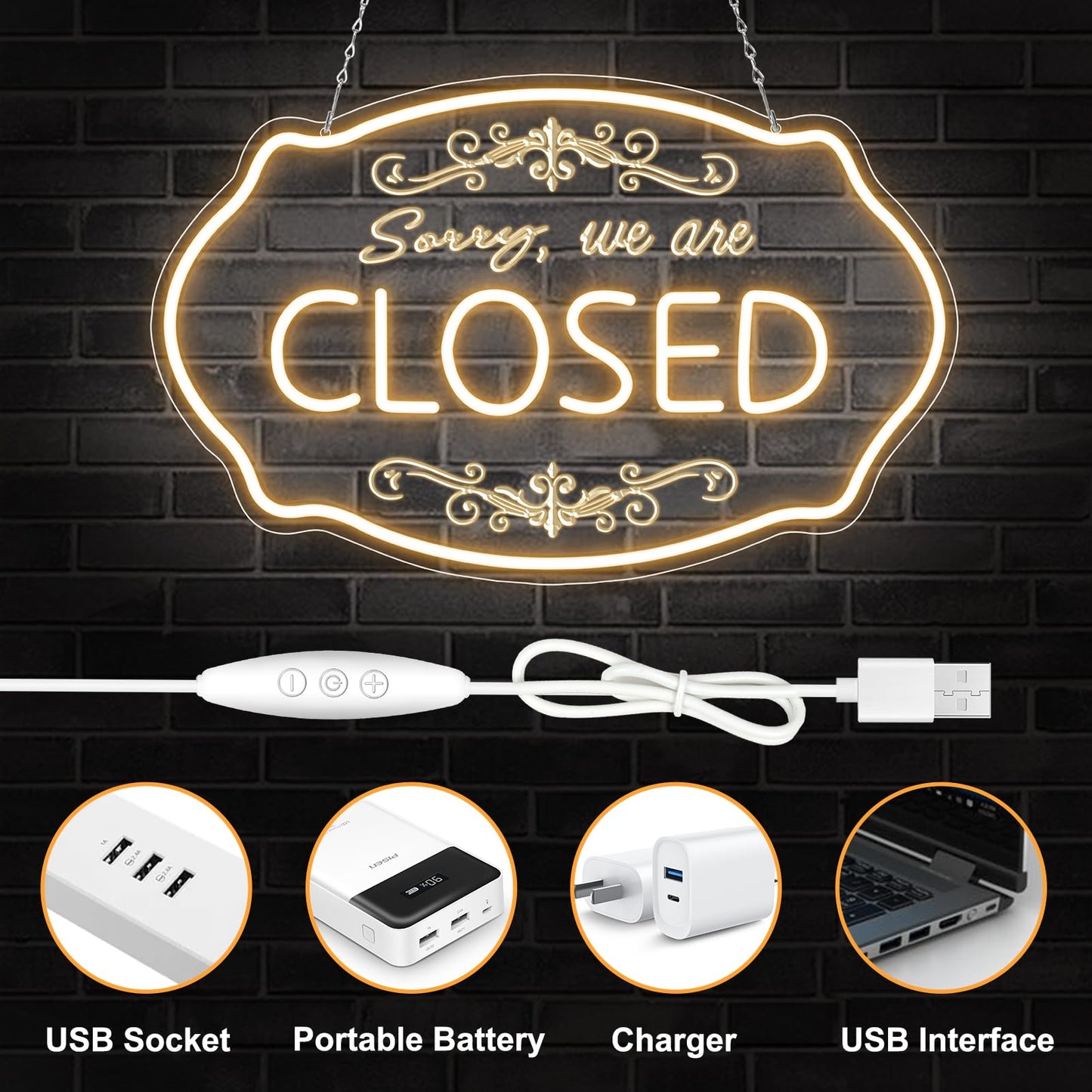 LED Neon Closed Sign for Business, 16.5x10'' Sorry We’re Closed Signs, Warm White Adjustable Brightness Neon Lights for Party, Bar, Salon, Stores, Hotel, Wall Decor, Clubs, office, Hotels