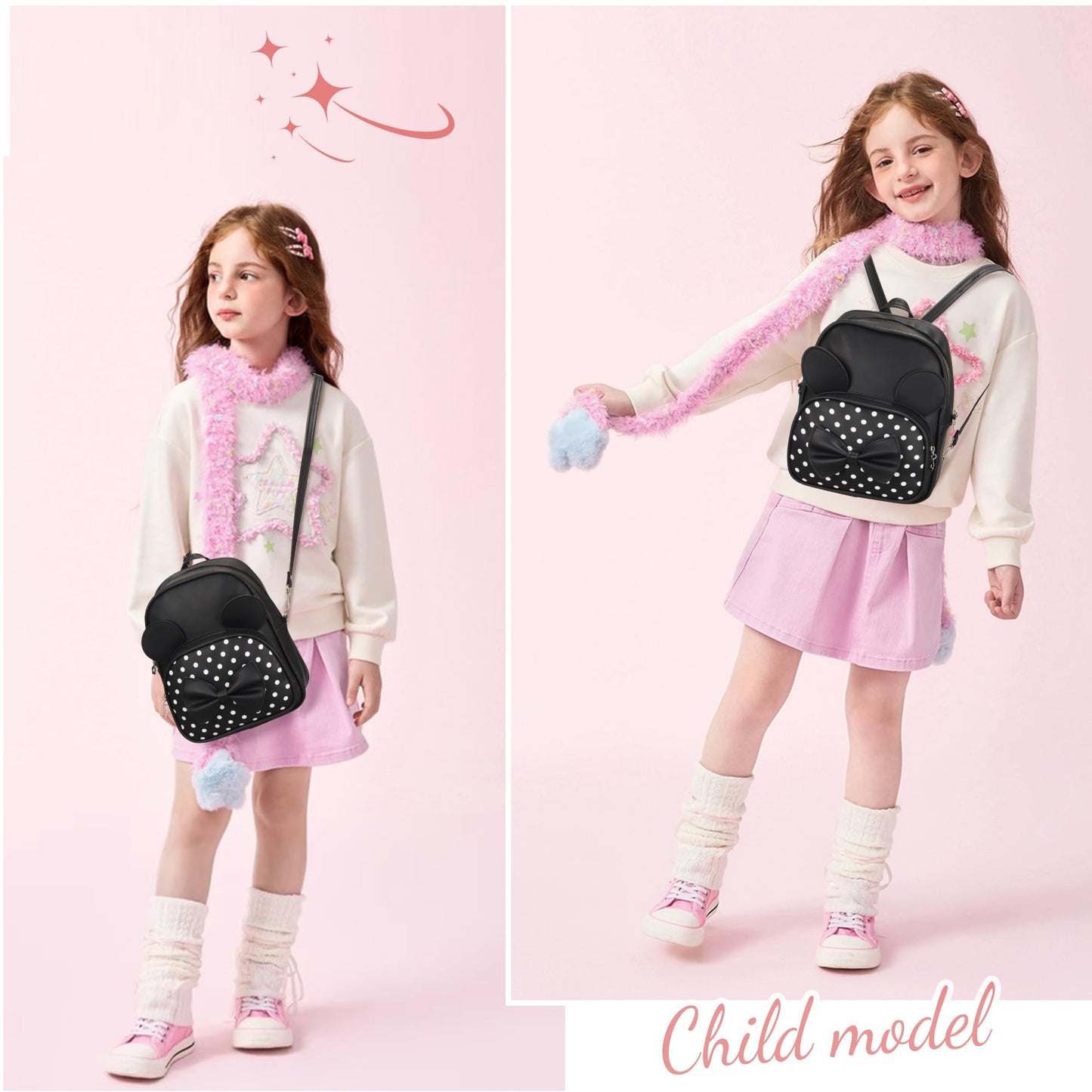 Coziyee Mini Backpack for Girls Women Cute Bowknot Polka Dot Small Mouse Backpack for Kid Toddler Purse Shoulder Bag Daypacks (Black)