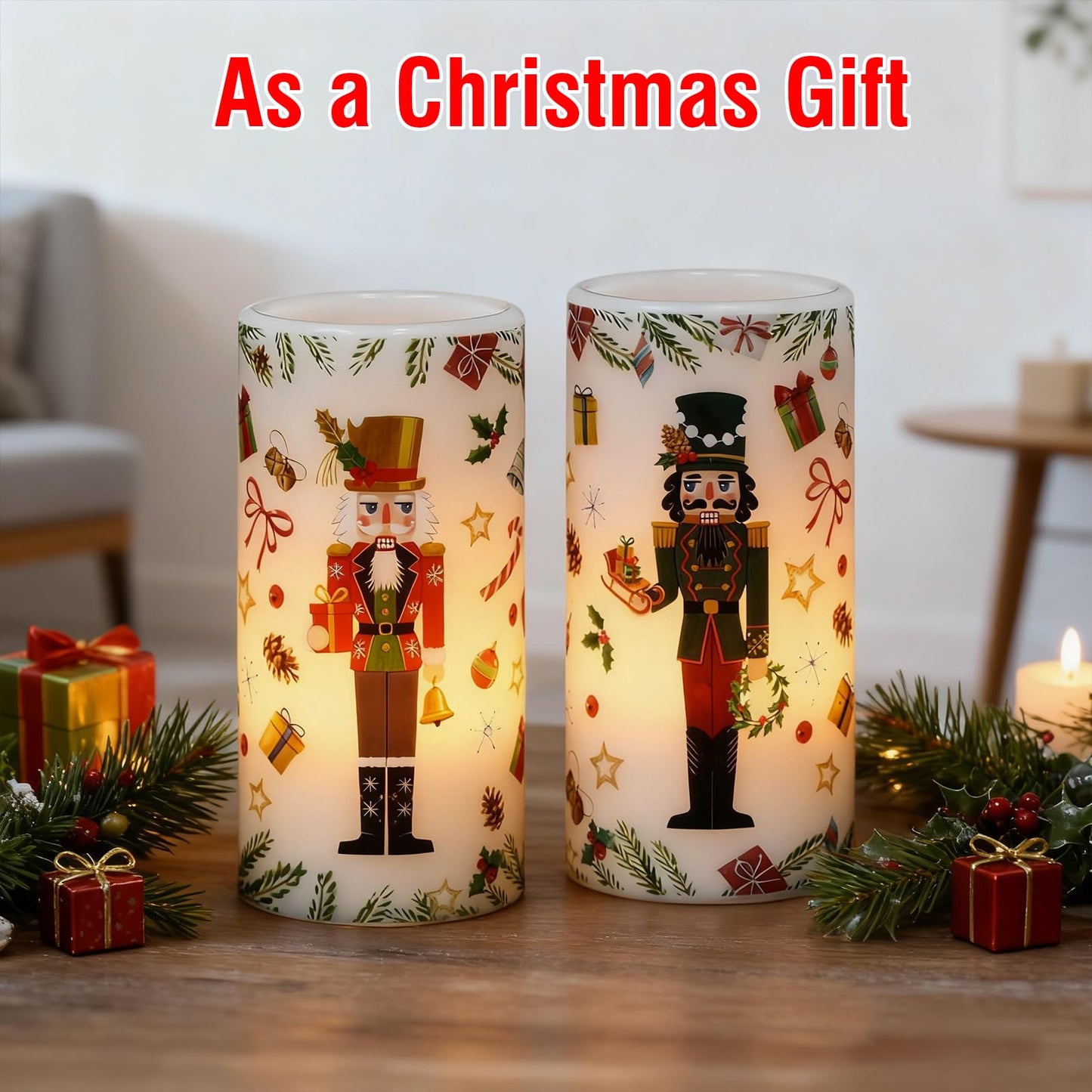 Lasumora Christmas Nutcracker Flameless Pillar Candles with Remote Timer, LED Candles in Real Wax Holder, Battery Operated Candle for Christmas Décor Indoor Xmas Gifts(2 Pack, 3” x 6”)