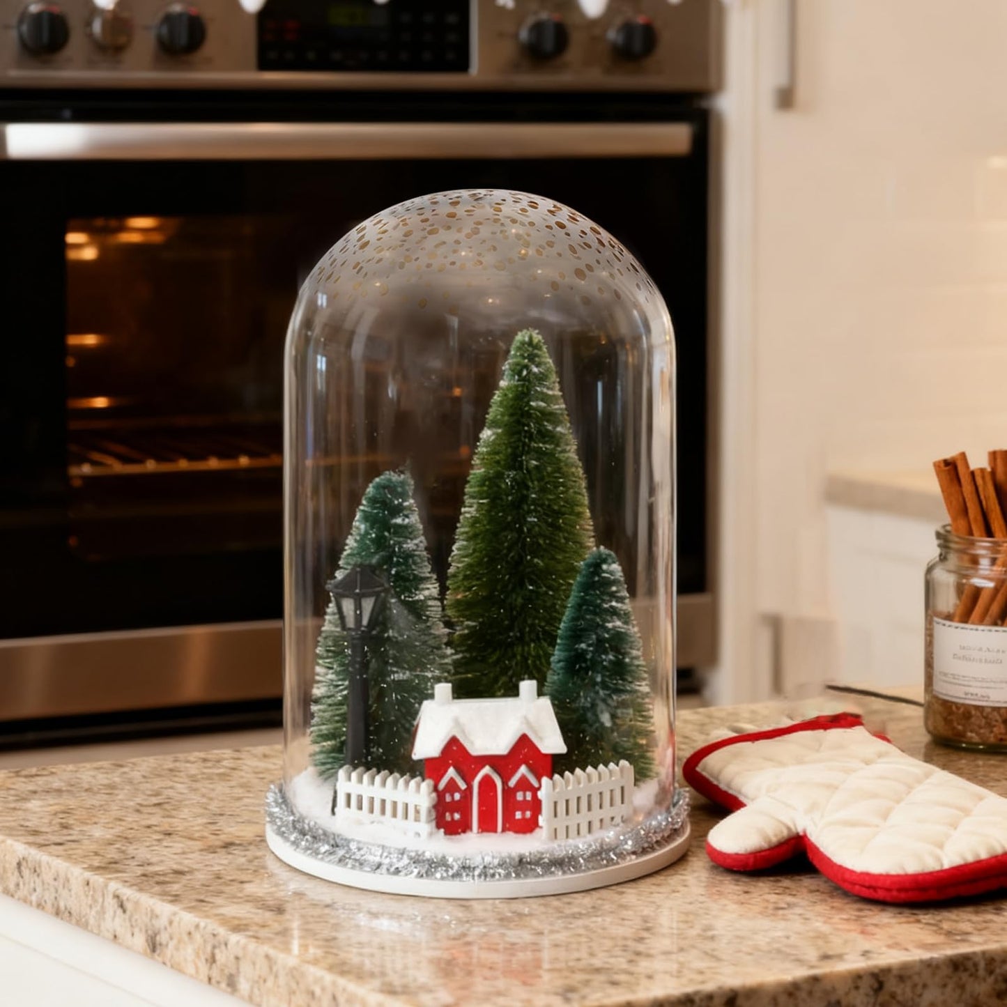 Christmas Decorations Table Centerpieces, Christmas Trees and Red House in Dome Cloche, Xmas Winter Tabletop Decor for Tiered Tray Shelf Mantel Fireplace Coffee Bar Office Desk Holiday Decoration