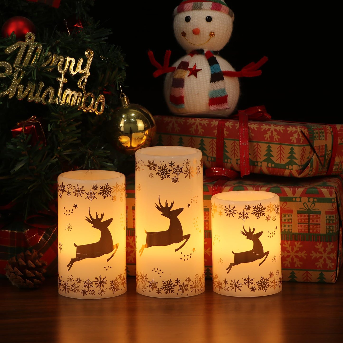 Wondise Flameless Flickering Candles with 6H Timer, Gold Deer Christmas Battery Operated Candles 3 Pack Real Wax Warm Light LED Pillar Candles for Christmas Dinner Tabletop Holiday Decor 3" x 6"