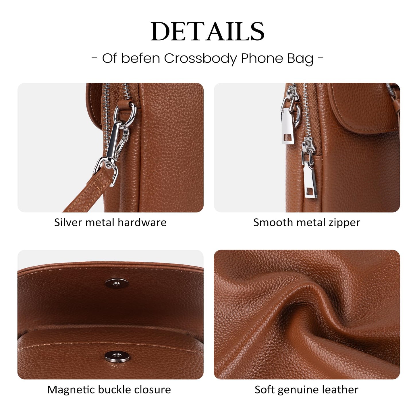 befen Genuine Leather Crossbody Bags for Women, Small Leather Shoulder Purse for Women with RFID Blocking Card Slots, Trendy Brown Cell Phone Wallet Purses for Travel and Daily Use, Cognac Brown