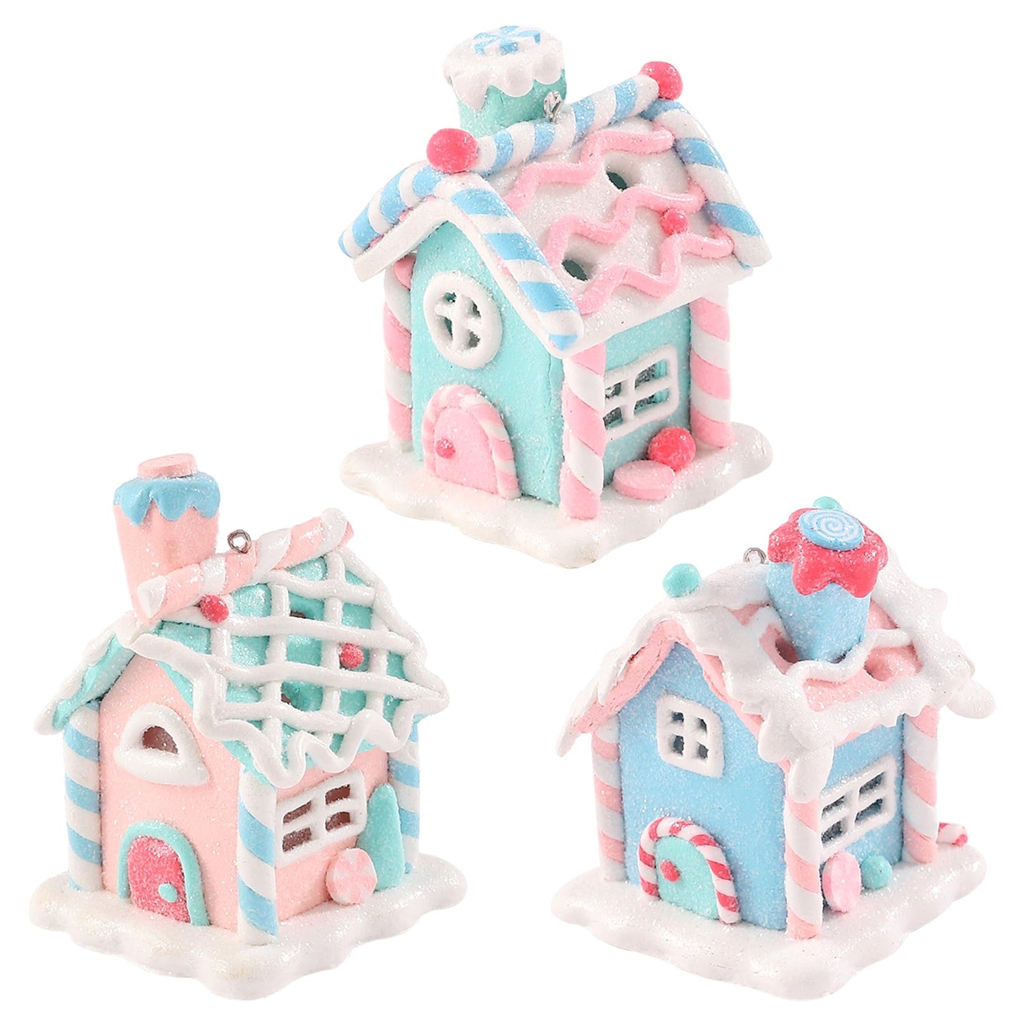 3Pcs Pastel Candy House Christmas Tree Ornaments with Lighted LED, Clay Gingerbread House Hanging Ornaments with Rope for Xmas Tree Holiday Party Home Decoration